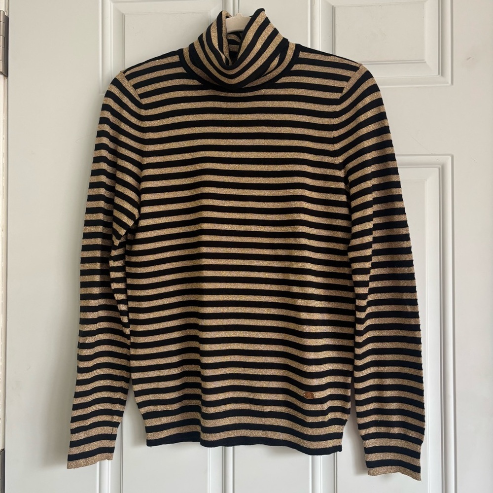 NWT Lauren Ralph Lauren Black and Gold Striped Turtleneck, Size Petite Large